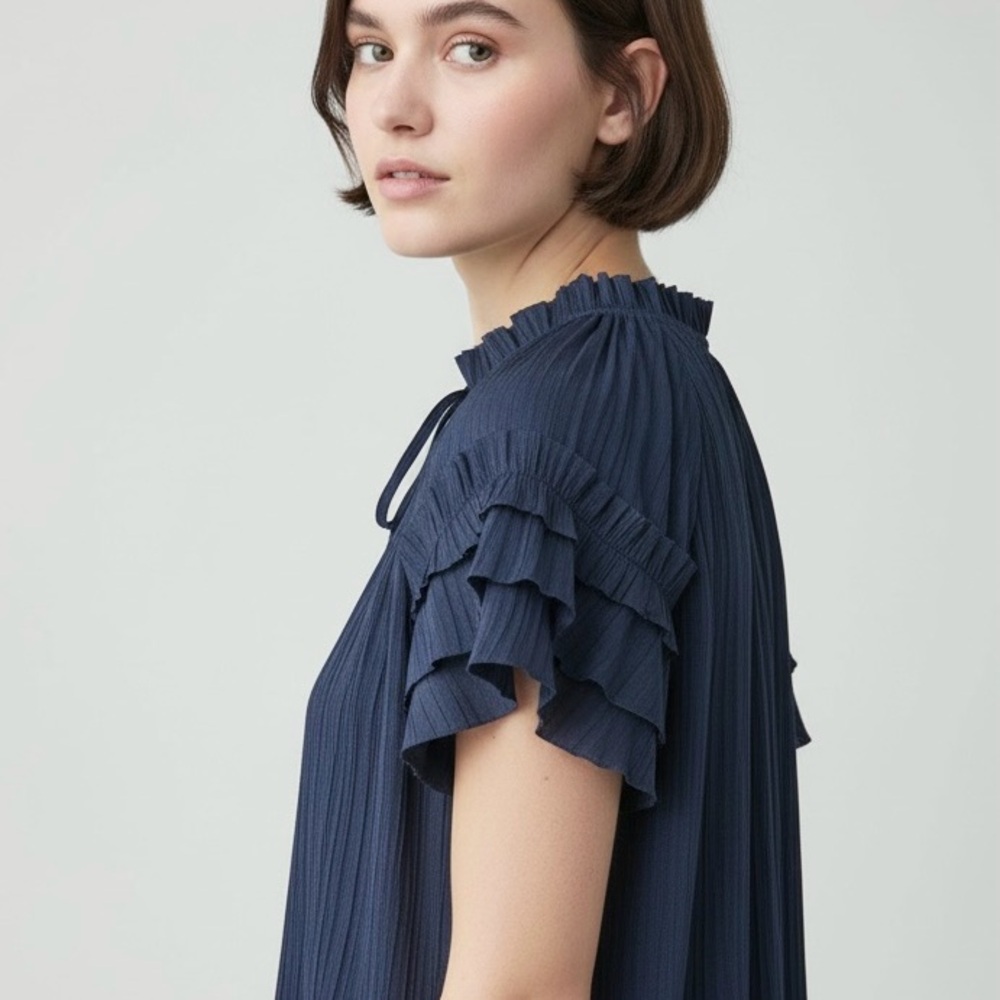 Evereve Ruffle Sleeve Satin Blouse Pleated Texture Relaxed Fit Tie Neck Flowing - Picture 3 of 11
